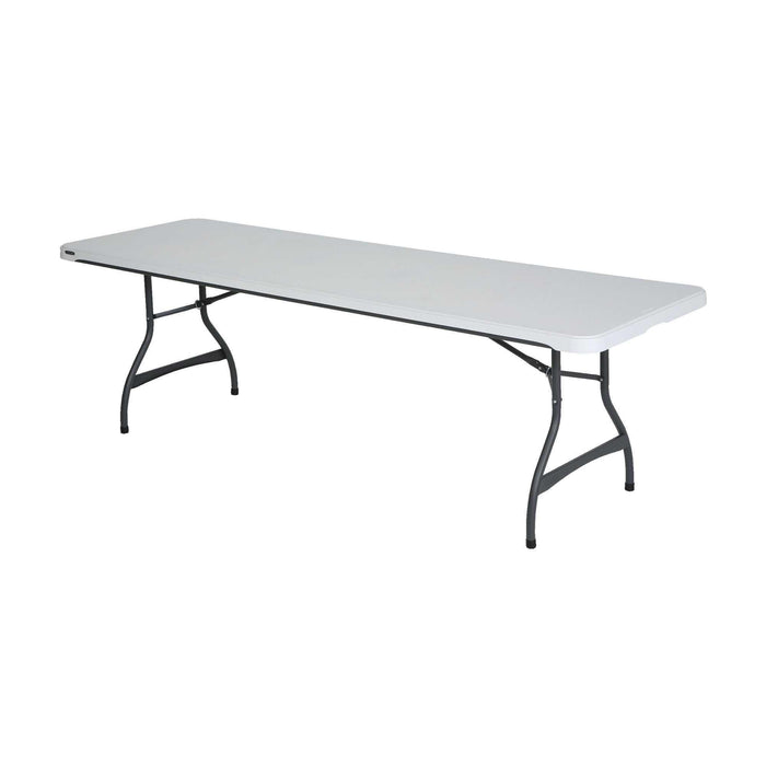 Angled view of Lifetime 27 Pack 8-Foot Rectangle Nesting Table in white with steel folding legs