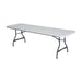 Angled view of Lifetime 27 Pack 8-Foot Rectangle Nesting Table in white with steel folding legs