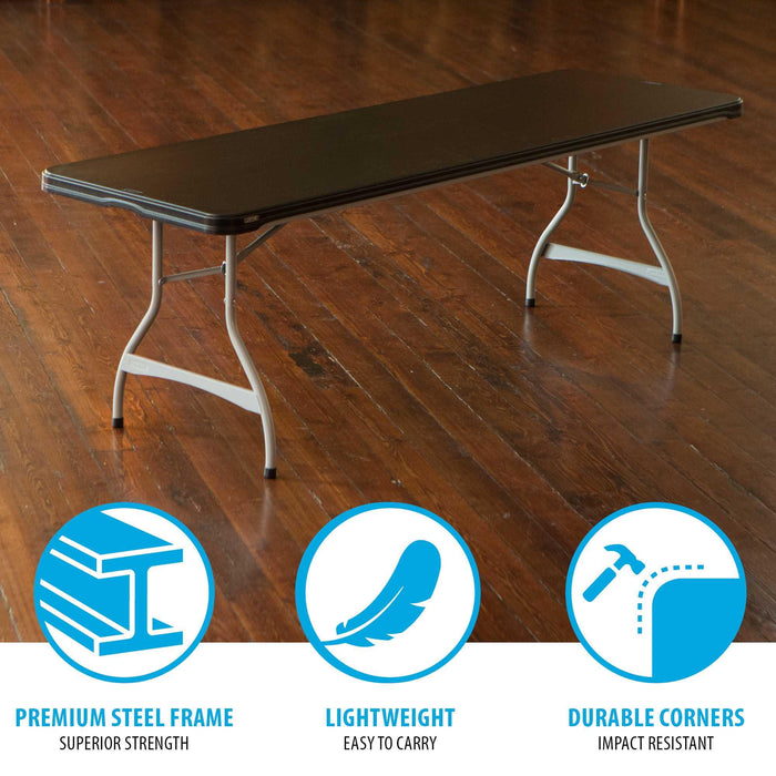 Lifetime 4 Pack 8-Foot Black Nesting Table set up with folding chairs, stain-resistant surface and all-weather rust-resistant frame