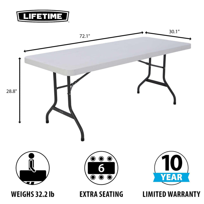 Dimensions of Lifetime 4 Pack 6-Foot Rectangle Folding Table showing 72.1 inch length, 30.1 inch width, and 28.8 inch height