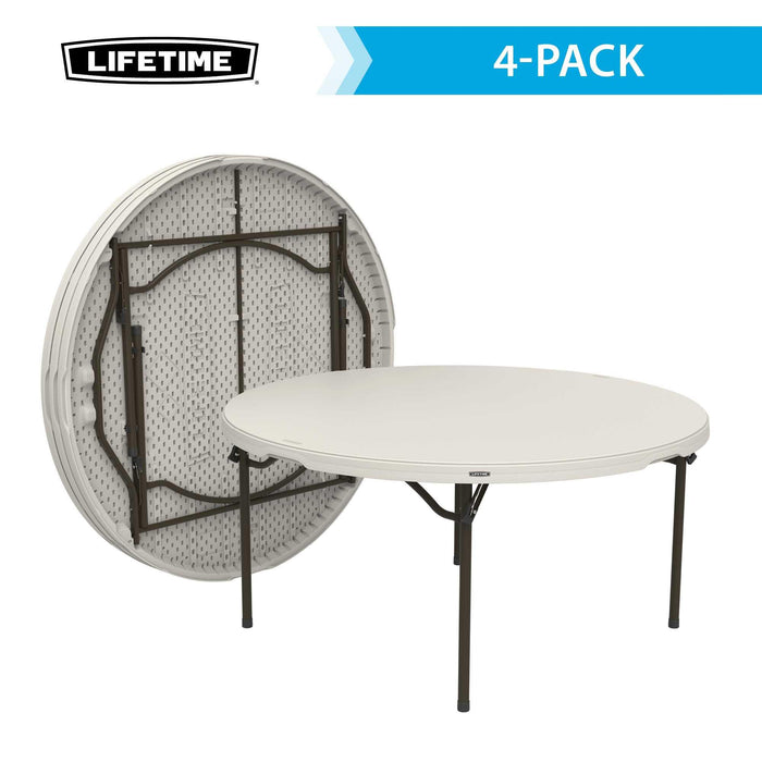 Lifetime 4 Pack 60 Inch Round Nesting Table in almond color showing stacked and open folding table design