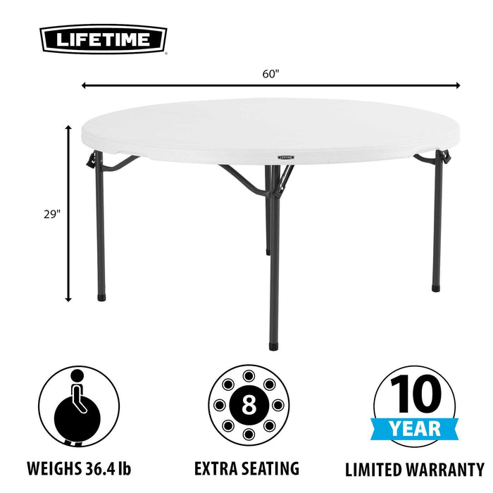 Lifetime 4 Pack 60 Inch Round Nesting Table showing 60 inch diameter, 29 inch height, weight and 10 year limited warranty