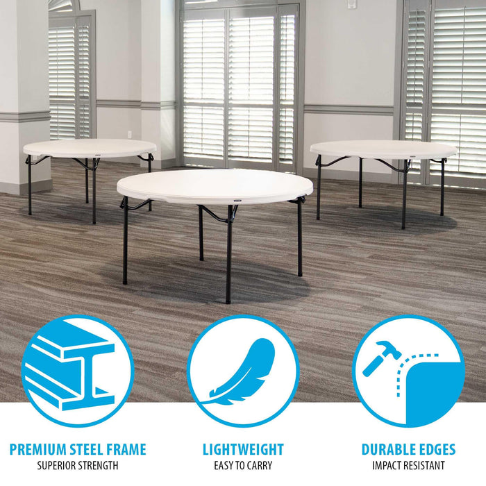 Lifetime 4 Pack 60 Inch Round Nesting Table set showing premium steel frame, lightweight build and durable edges