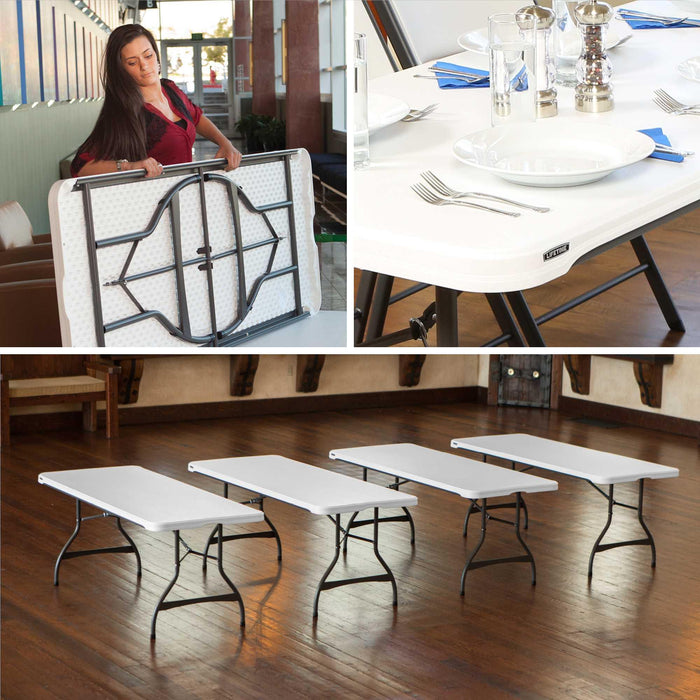 Lifetime 4 Pack 6-Foot Rectangle Nesting Table shown folded and arranged as a set of four on wood floor