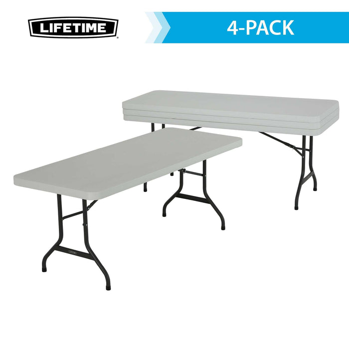 Folded and stacked Lifetime 4 Pack 6-Foot Rectangle Folding Table set showing compact storage design