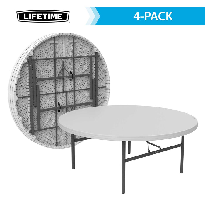 Lifetime 4 Pack 72in Round Table showing folded underside and one table open with steel locking frame