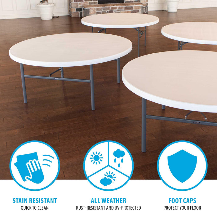Lifetime 4 Pack 72in Round Table highlighting stain resistant surface, all weather design, and floor protecting foot caps