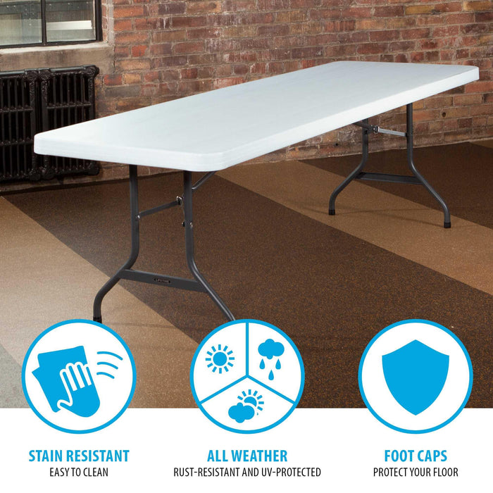 Lifetime 4 Pack 8-Foot Rectangle Folding Table with stain resistant surface, all-weather design, and protective foot caps