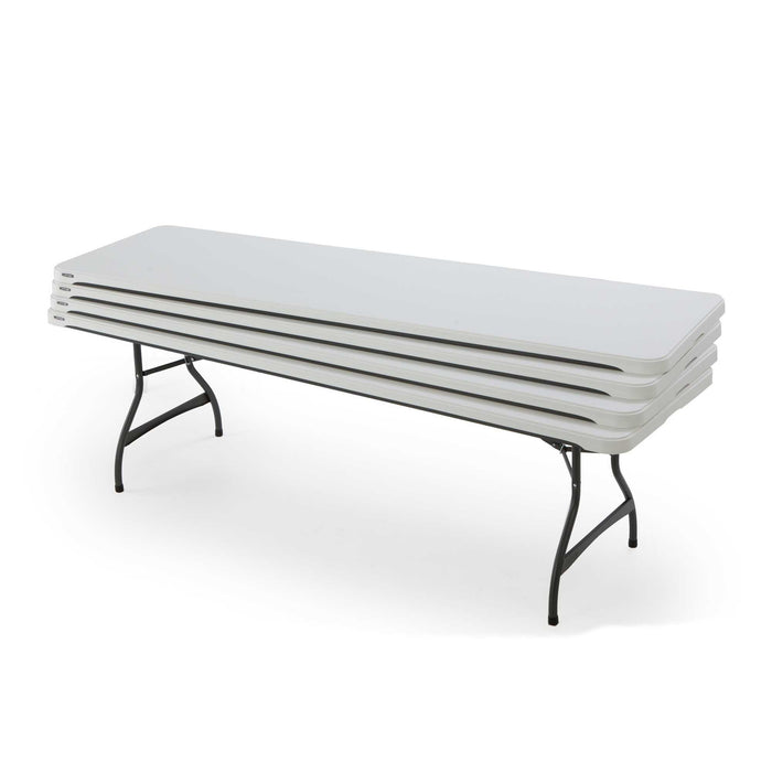 Stacked Lifetime 4 Pack 8-Foot White Nesting Table with folding steel legs and space-saving nesting design