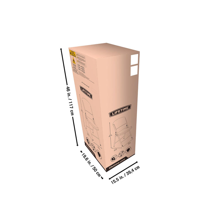 Shipping box dimensions for Lifetime 4-Pack Classic Folding Chair in putty showing 46 in height and carton size details