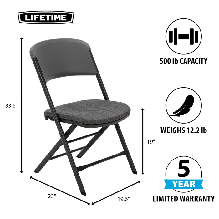 Lifetime 4 Pack Padded Folding Chair with dimensions, 500 lb weight capacity, and 5 year limited warranty graphic.
