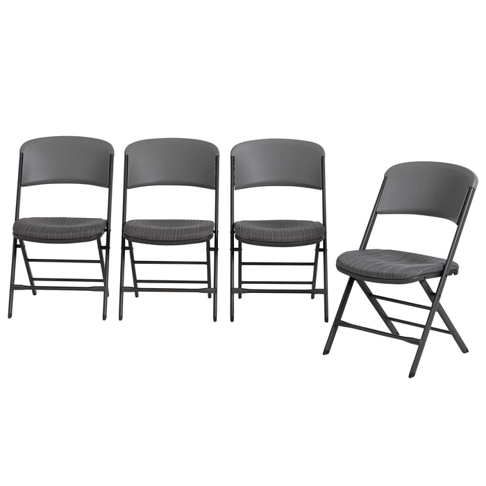 Front view of Lifetime 4 Pack Padded Folding Chair with gray cushioned seat and steel frame.