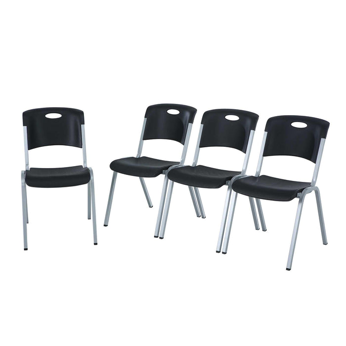 Set of four Lifetime 4 Pack Stacking Chairs with contoured black seats and silver steel frames.