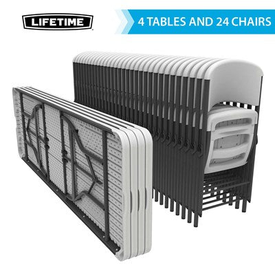 Lifetime 4 tables and 24 chairs set with fold-in-half tables and stackable folding chairs for events, parties, churches and banquet halls