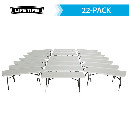 Lifetime 6-Foot Folding Table 22-pack in white arranged for large event or banquet setup with black steel legs
