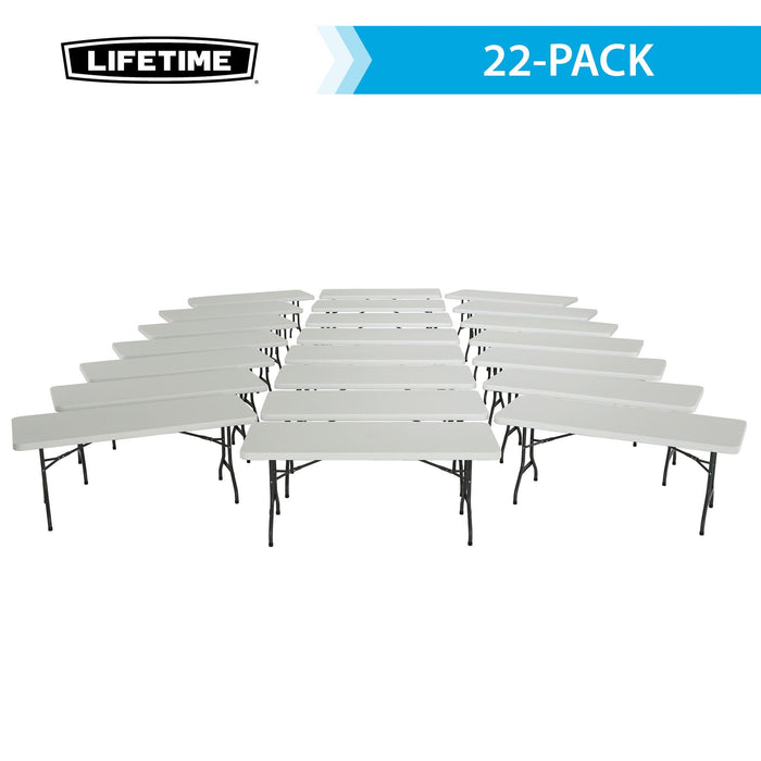 Lifetime 6-Foot Folding Table 22-pack in white arranged for large event or banquet setup with black steel legs