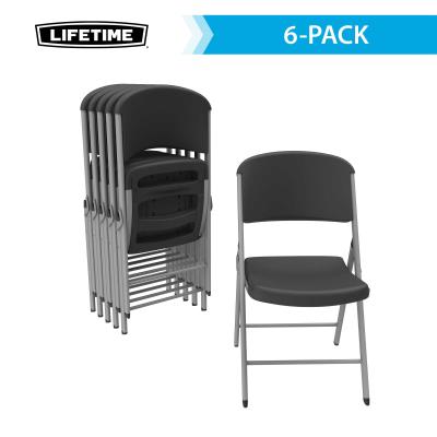 Lifetime 6 pack commercial folding chairs stacked for space saving storage with one chair open to show sturdy frame