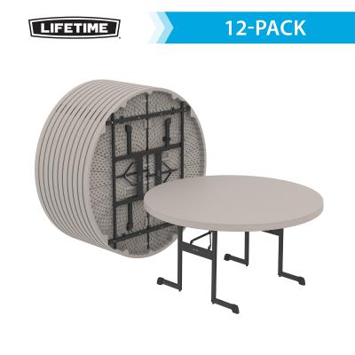 Lifetime 60 inch round folding table 12 pack stacked vertically with one table open, space saving storage for events