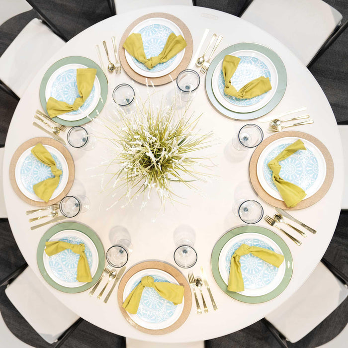 Top view of Lifetime 4 Pack 60 Inch Round Nesting Table set with place settings and full circle seating