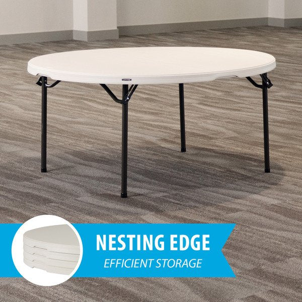 Studio product shot of the Lifetime 60 inch round table and chair combo, 4 tables grouped with chairs, white background.