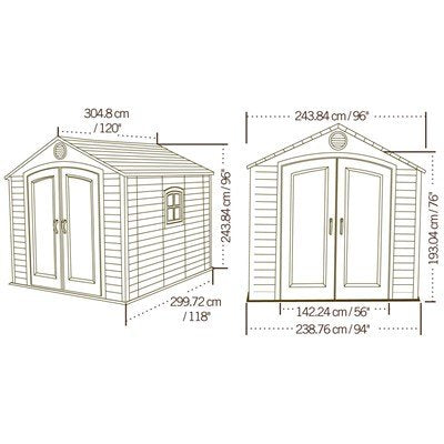 Lifetime 8x10 ft. outdoor storage shed dimension diagram showing front and side view measurements.