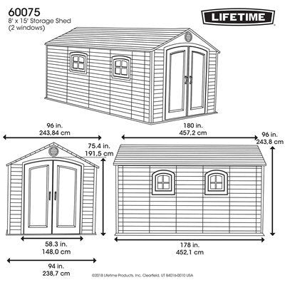 Official Lifetime 8x15 ft. outdoor storage shed dimension diagram with 2 windows and exact measurements.