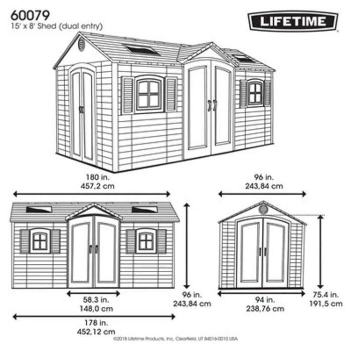 Official Lifetime 15x8 ft. dual entry storage shed dimension diagram showing exact measurements.