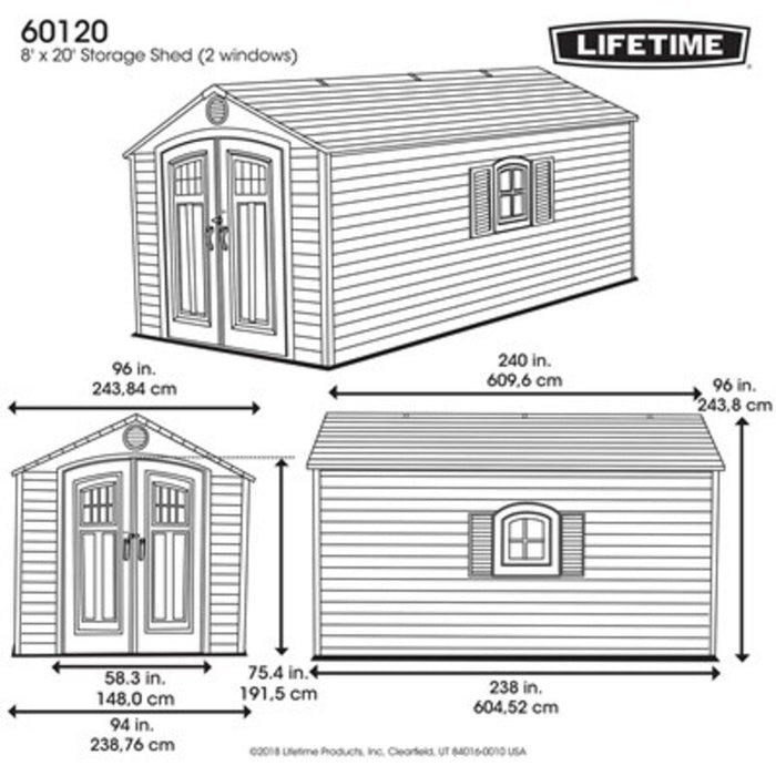 Official Lifetime 8x20 ft. outdoor storage shed dimension diagram with 2 windows and exact measurements.