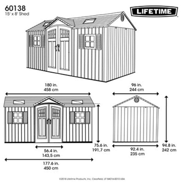 Official Lifetime 15x8 ft. outdoor storage shed dimension diagram showing exact measurements.