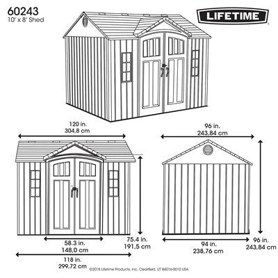 Official Lifetime 10x8 ft. outdoor storage shed dimension diagram showing front and side view measurements.