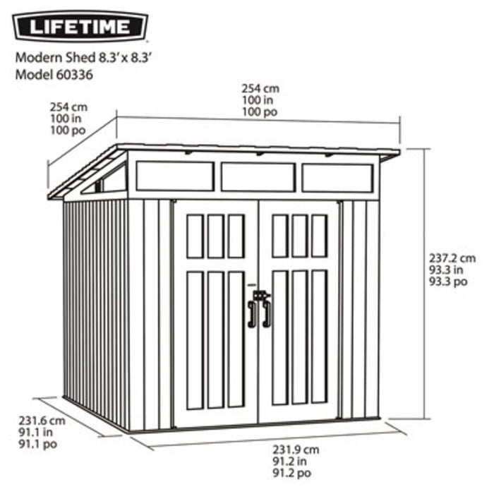 Official Lifetime Modern Shed 60336 dimension diagram showing exact measurements.