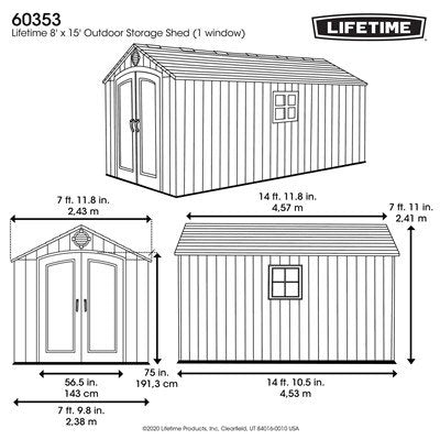 Official Lifetime 8x15 ft. outdoor storage shed dimension diagram showing exterior and interior measurements.