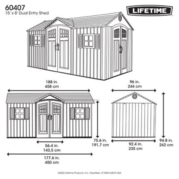 Official Lifetime 15x8 ft. dual entry storage shed dimension diagram showing exact measurements.