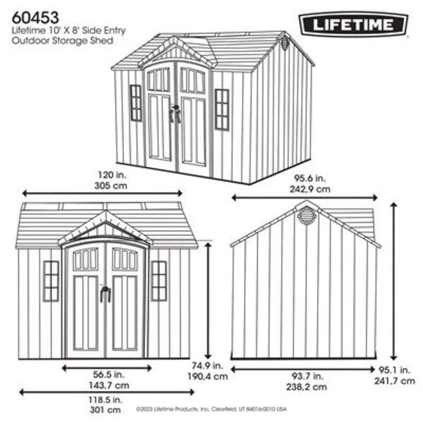 Official Lifetime 10x8 ft. side entry storage shed dimension diagram showing exact measurements.