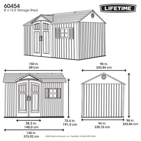 Official Lifetime 12.5x8 ft. side entry storage shed dimension diagram showing exact measurements.