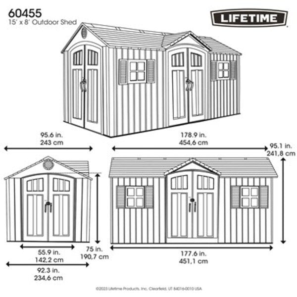 Official Lifetime 60455 15x8 foot dual entry outdoor storage shed dimension diagram with exact measurements.