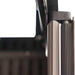 Extreme close-up of a steel door hinge pin and bracket joint on the Lifetime Farmhouse Shed 60542, showing durable metal construction against dark panel