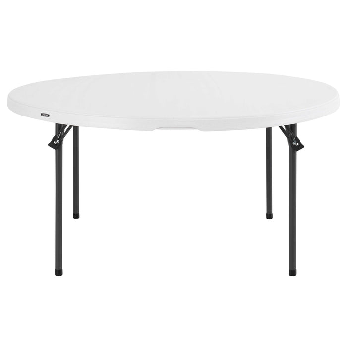 Lifetime 4 Pack 60 Inch Round Nesting Table fully opened with sturdy steel legs and smooth round surface