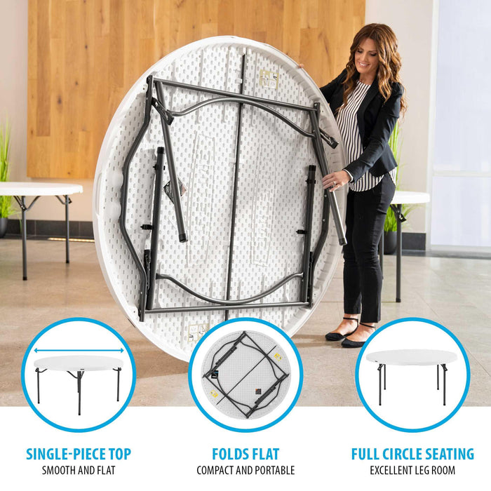 Woman folding Lifetime 4 Pack 60 Inch Round Nesting Table with single piece top, folds flat design and full circle seating