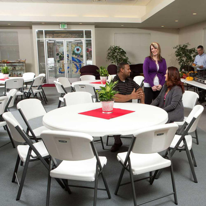 Lifetime 15 Pack 60in round folding tables arranged for event seating with full circle layout and chairs