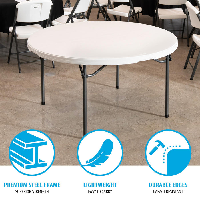 Lifetime 15 Pack 60in round folding table with premium steel frame, lightweight design, and impact resistant edges