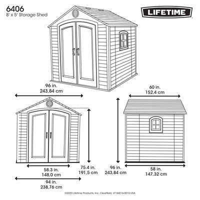 Official Lifetime 8x5 ft. outdoor storage shed dimension diagram showing front and side view measurements.