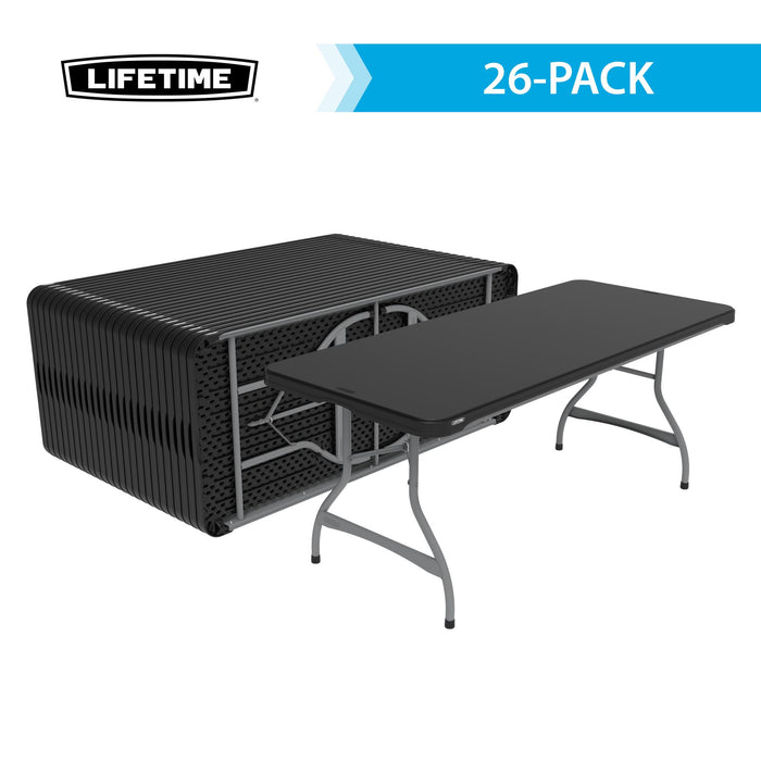 Stacked black Lifetime 6-Foot Folding Table 26-pack showing nesting design for compact storage