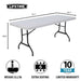 Lifetime 6-foot folding table dimensions 72 by 30 inches, weighs 32.2 lbs, seats six people, backed by 10-year limited warranty