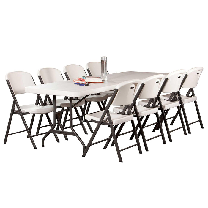 Lifetime 6-foot folding table paired with 8 matching folding chairs, perfect for dining, meetings, and gatherings.
