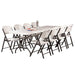 Lifetime 6-foot folding table paired with 8 matching folding chairs, perfect for dining, meetings, and gatherings.