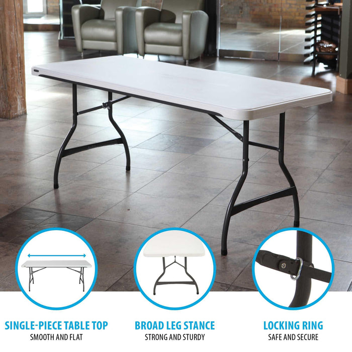 Lifetime 4 Pack 6-Foot Rectangle Nesting Table showing single-piece tabletop, broad leg stance, and locking ring