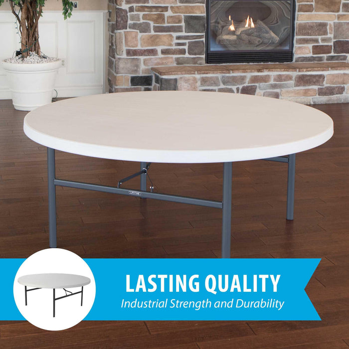 Lifetime 72 inch round folding table displayed indoors highlighting lasting quality, industrial strength build and durable tabletop