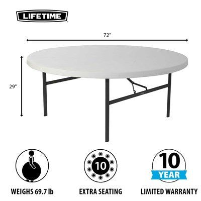 Lifetime 72 inch round folding table dimensions 29 inch height with 10 year limited warranty, seats ten and weighs 69.7 lb