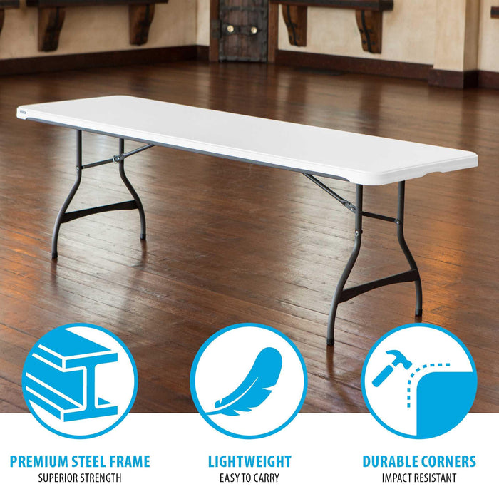 Front view of Lifetime 27 Pack 8-Foot Rectangle Nesting Table highlighting steel frame and durable corners